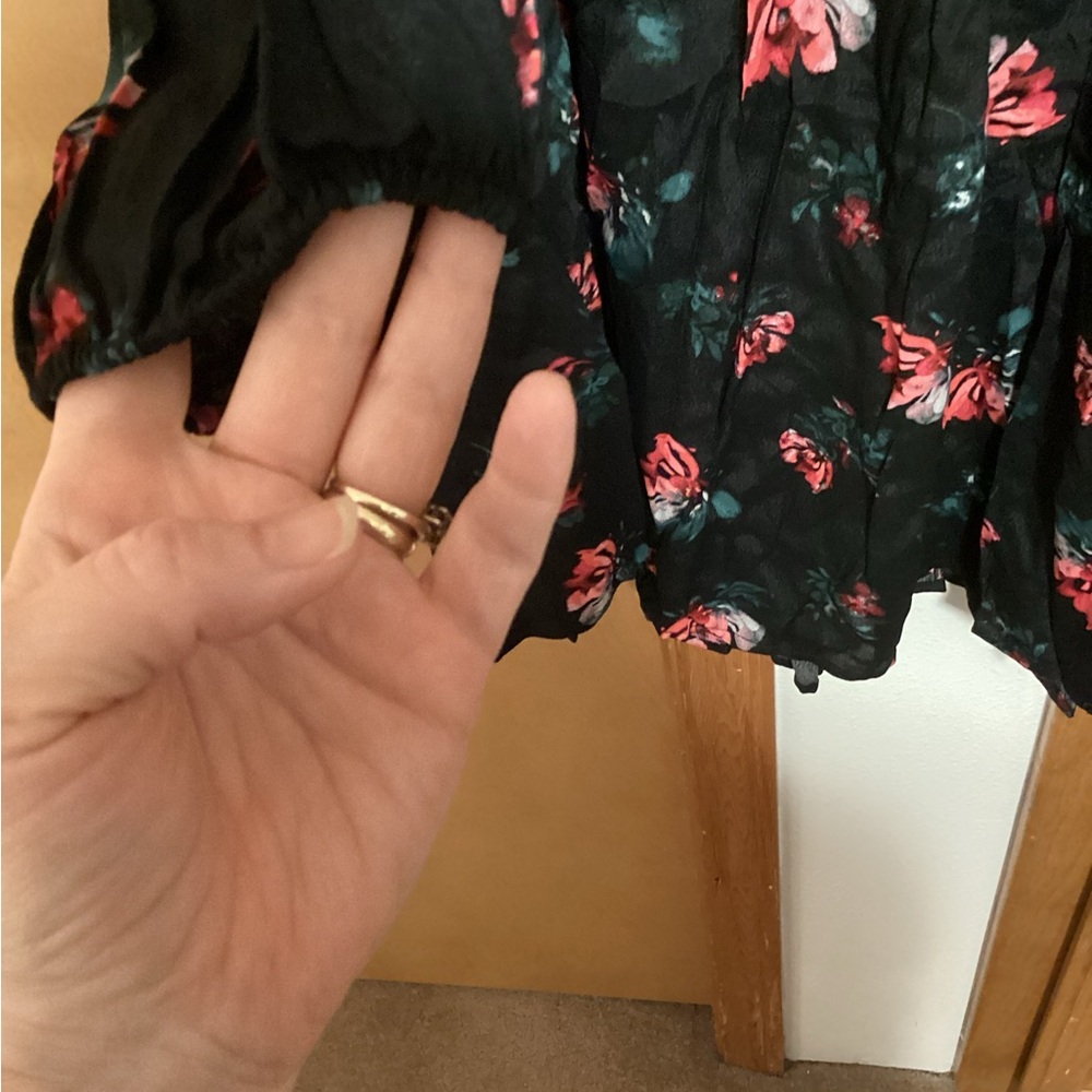 A New Day Floral V-Neck Long Sleeve Black Tiered Dress with Pink Rose Print NWT - Picture 6 of 9